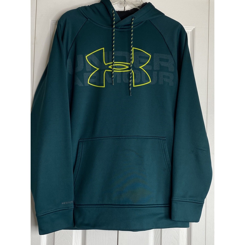 Under Armour Hoodie Sweatshirt Men's Cold Gear Green Yellow Kangaroo Pocket Sz M